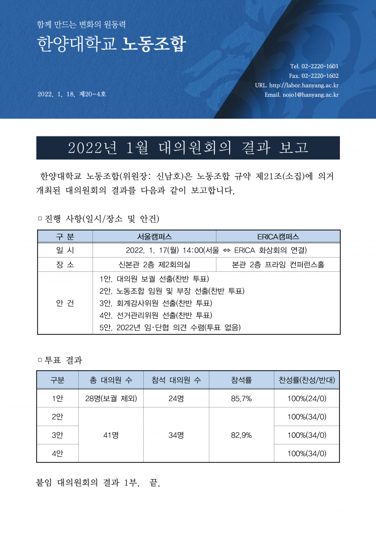 [한대노조 제20-4호] 2022년 1월 대의원회의 결과 보고
