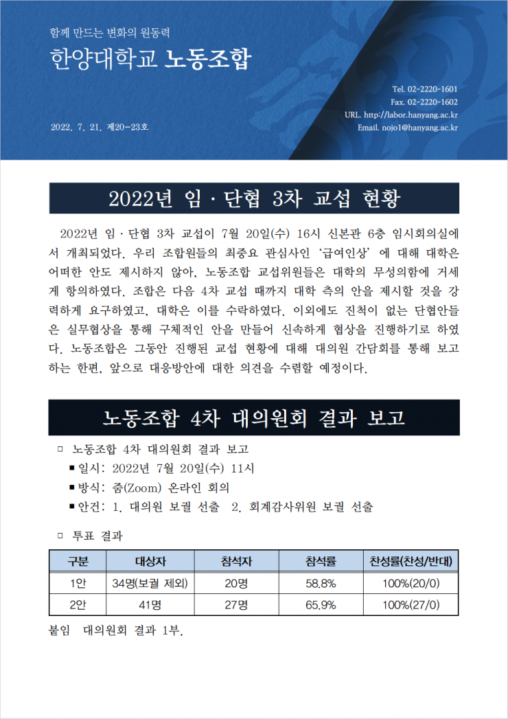[한대노조 제20-23호] 임단협 3차 교섭 현황 및 4차 대의원회 결과 보고
