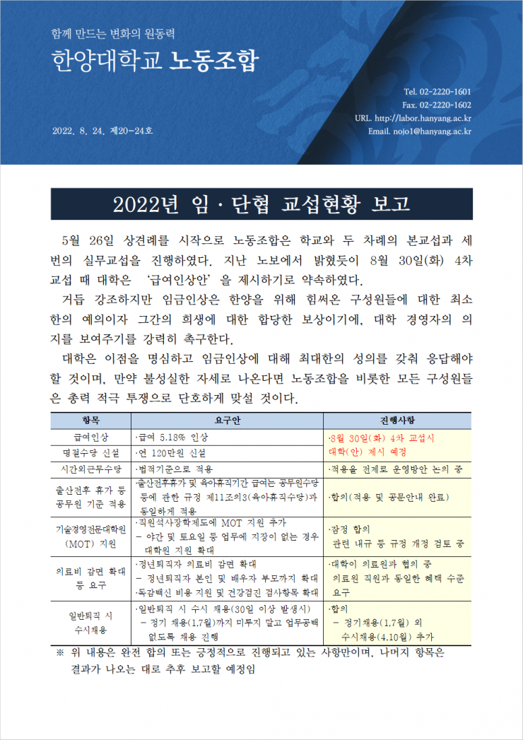 [한대노조 제20-24호] 2022년 임단협 교섭현황 보고